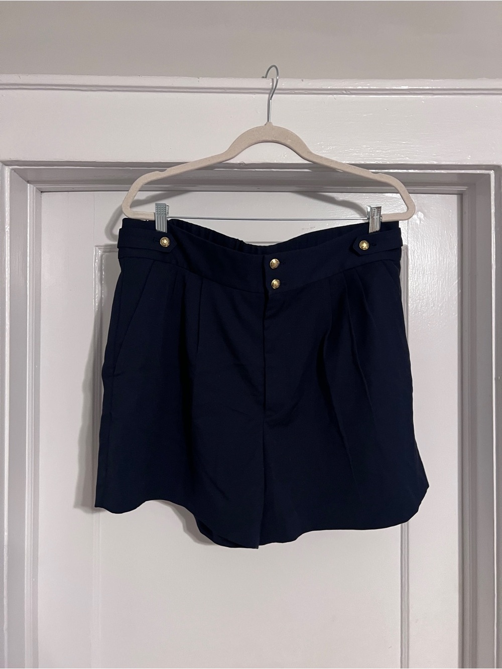 Banana Republic Navy Pleated High-Waist Shorts with Gold Buttons
